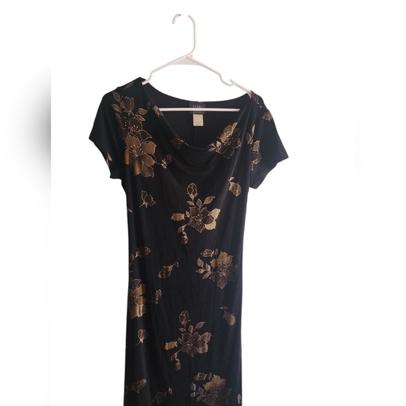 Teddi 90s Y2K Brown Black Floral Cowl Neck Sheath Midi Dress 10 - Picture 2 of 4